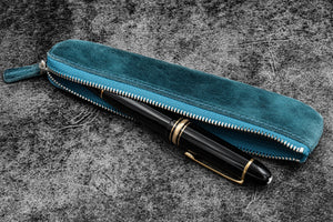 Leather Zippered Single Fountain Pen Pouch - C. H. Ocean Blue