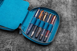 Expansi-Pouch Leather Wide 10 Slots Pen Case - A6 Zip Folio - C. H. Ocean Blue