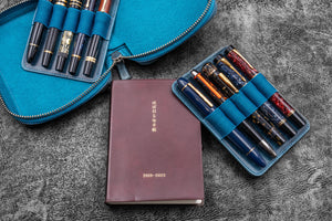 Expansi-Pouch Leather Wide 10 Slots Pen Case - A6 Zip Folio - C. H. Ocean Blue