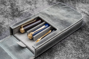 Leather Magnum Opus 3 Slots Hard Pen Case with Removable Pen Tray - Crazy Horse Smoky