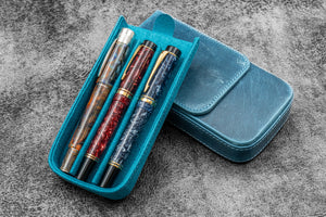 Leather Magnum Opus 3 Slots Hard Pen Case with Removable Pen Tray - C. H. Ocean Blue