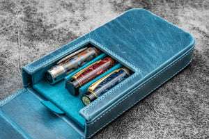 Leather Magnum Opus 3 Slots Hard Pen Case with Removable Pen Tray - C. H. Ocean Blue