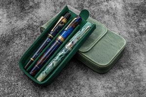 Leather Magnum Opus 3 Slots Hard Pen Case with Removable Pen Tray - Crazy Horse Forest Green