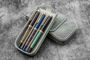 Leather Magnum Opus 3 Slots Hard Pen Case with Removable Pen Tray - Crazy Horse Smoky