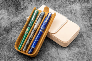 Leather Magnum Opus 3 Slots Hard Pen Case with Removable Pen Tray - Undyed Leather