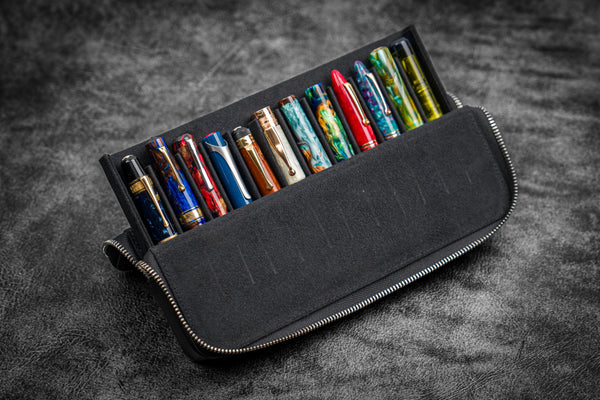 Aurora Rigid 3 Slot Black Leather Pen Case