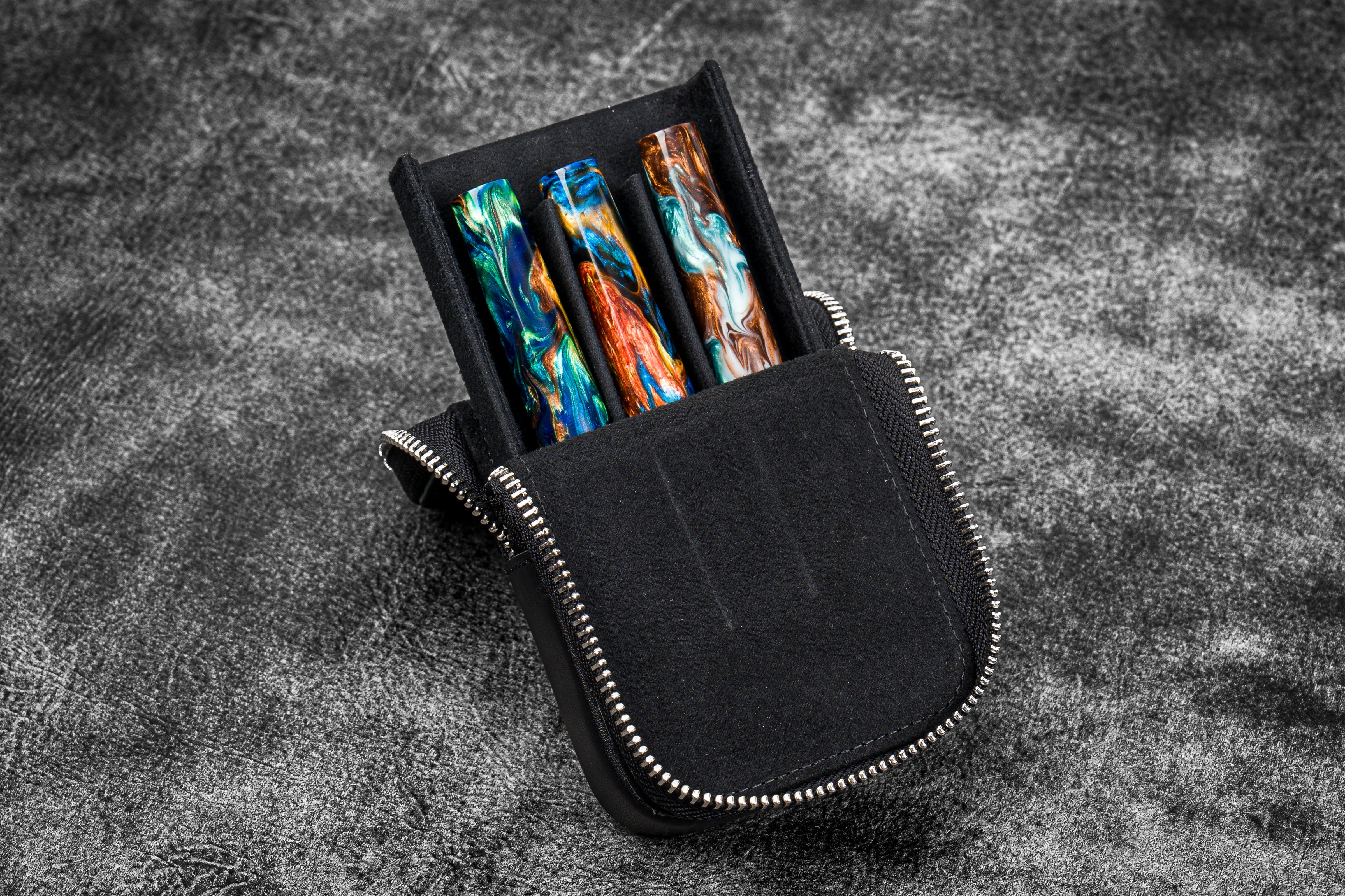 Leather Zippered Magnum Opus 6 Slots Hard Pen Case with Removable Pen Tray  - Black