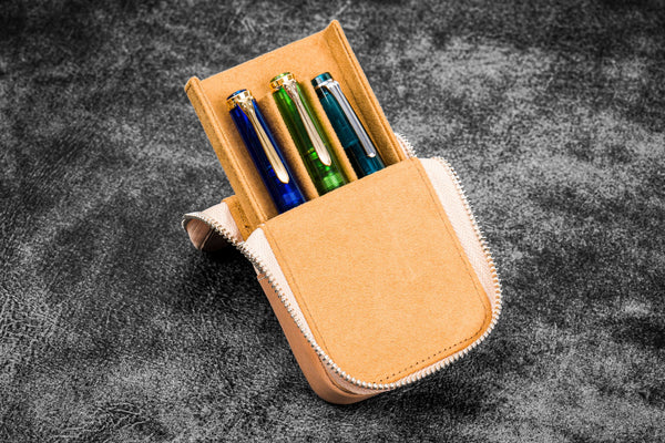 Luxury Genuine Leather 3 Slots Pen Case With Removable Pen Tray