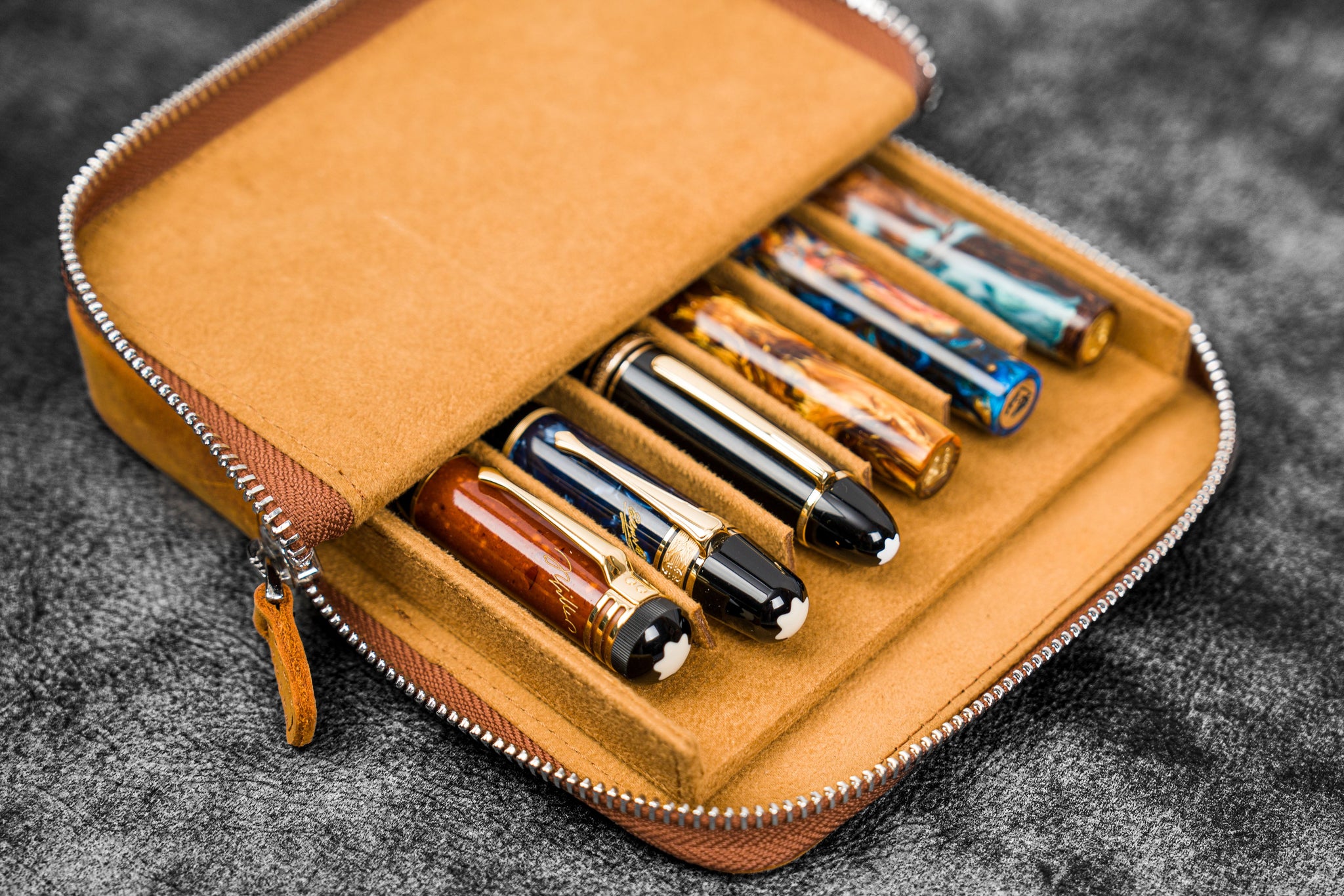 Galen Leather 3 Pen Zipper Case - Crazy Horse Brown