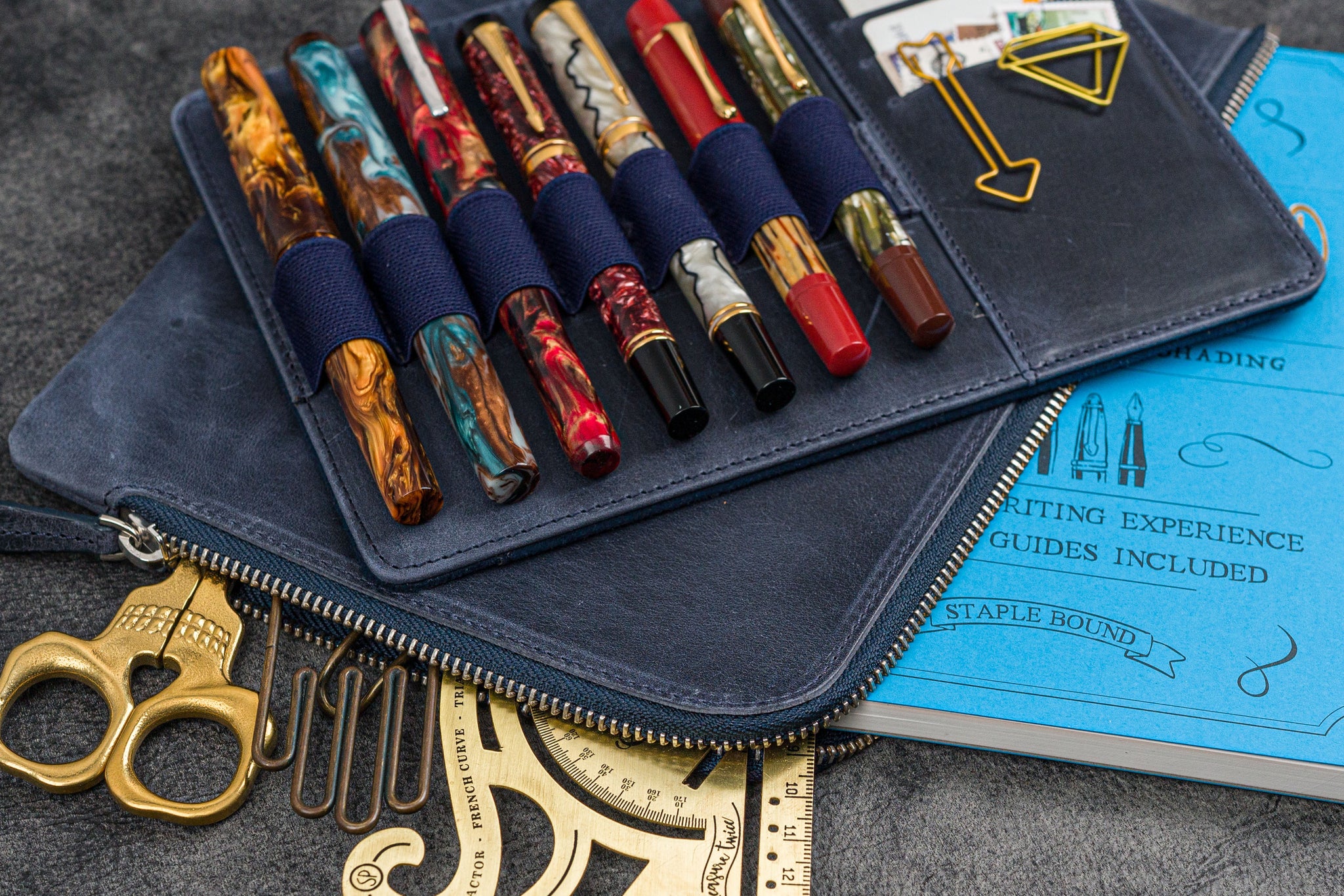 Galen Leather Co. Zippered 10 Slot Pen Case- Crazy Horse Navy