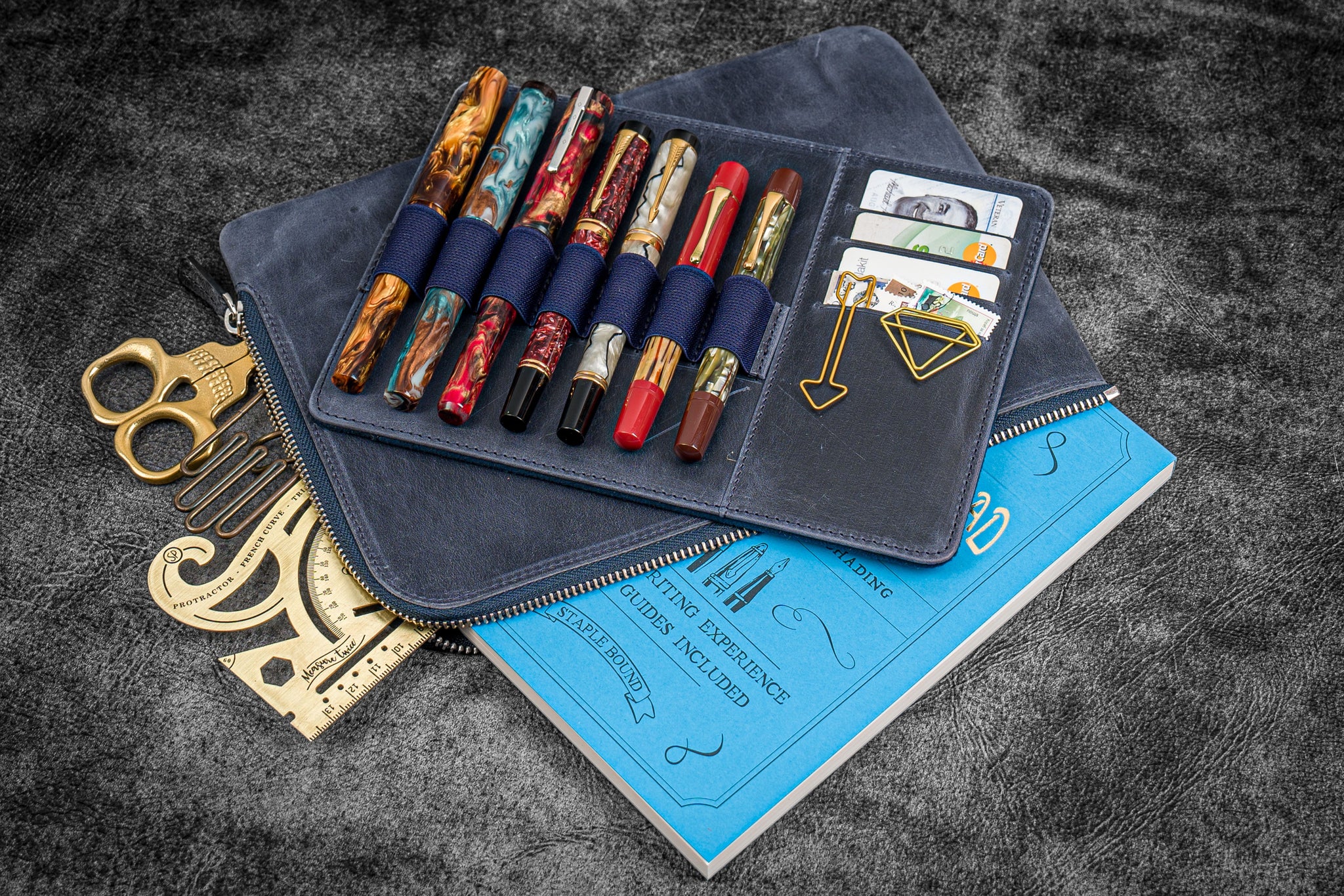 Galen Leather Co. Zippered 10 Slot Pen Case- Crazy Horse Navy