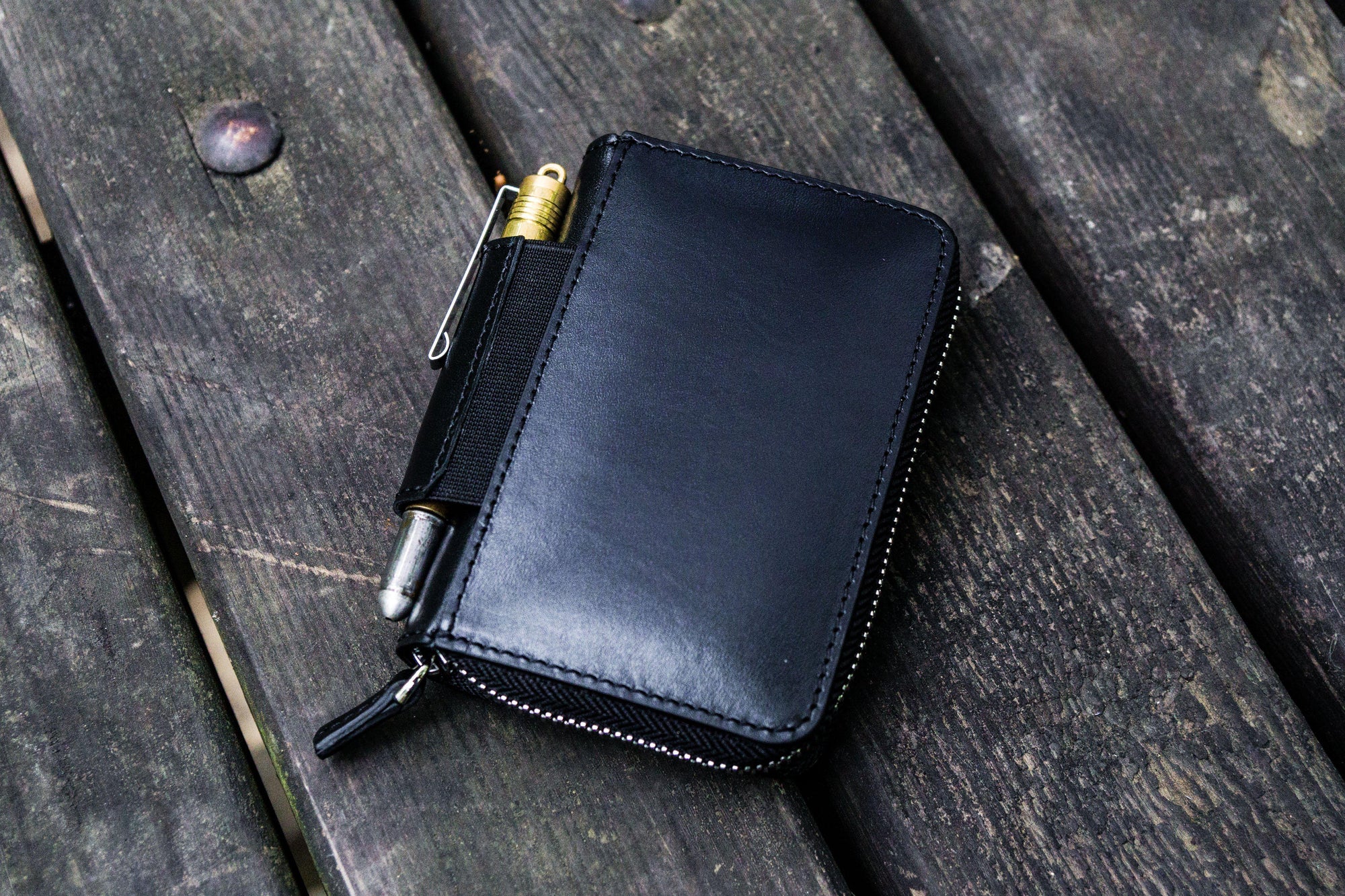 Black Zipped EDC Wallet | Handmade Veg-Tan Leather with Pen Holder ...