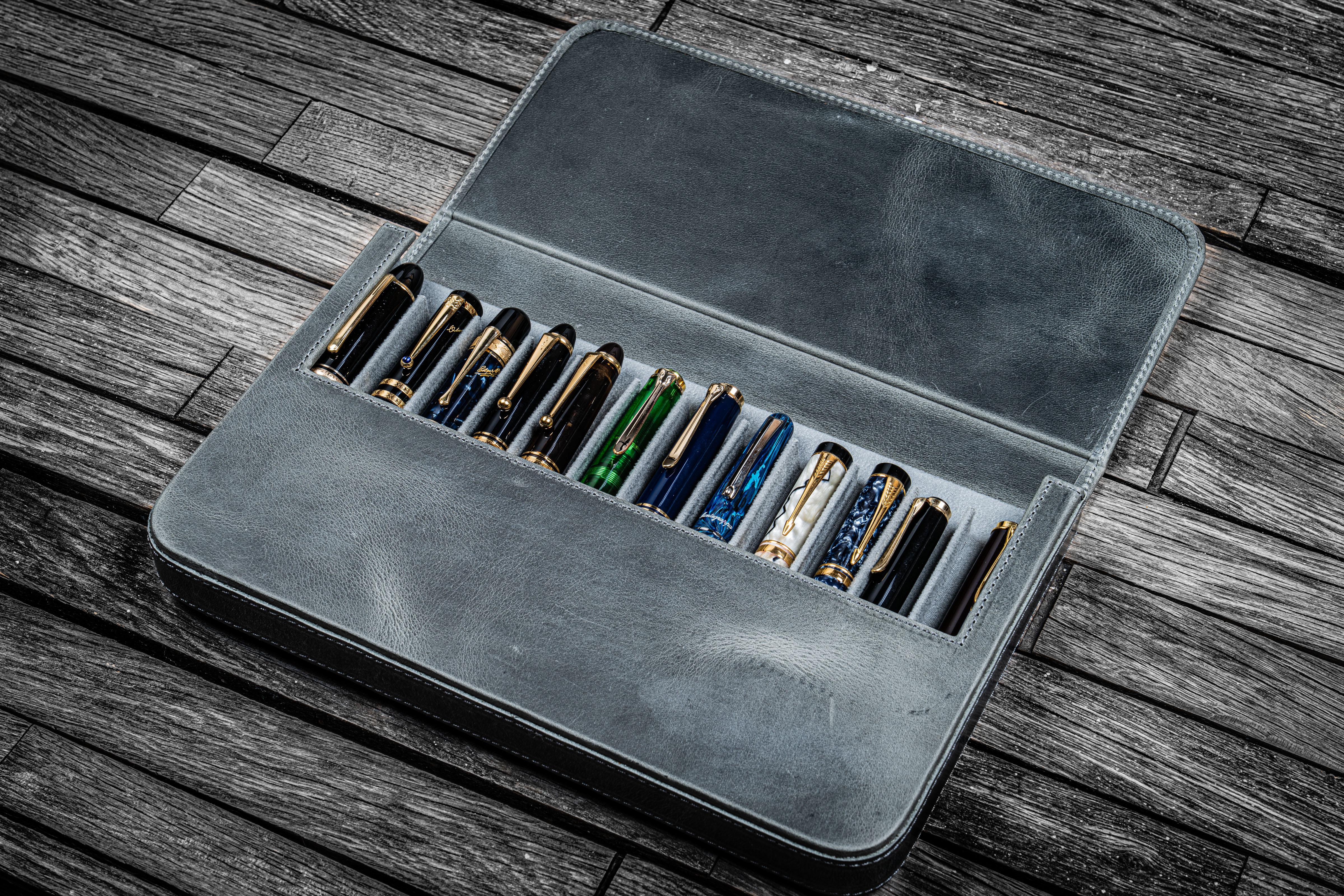 Leather Magnum Opus 12 Slots Hard Pen Case with Removable Pen Tray - Crazy  Horse Smoky Grey