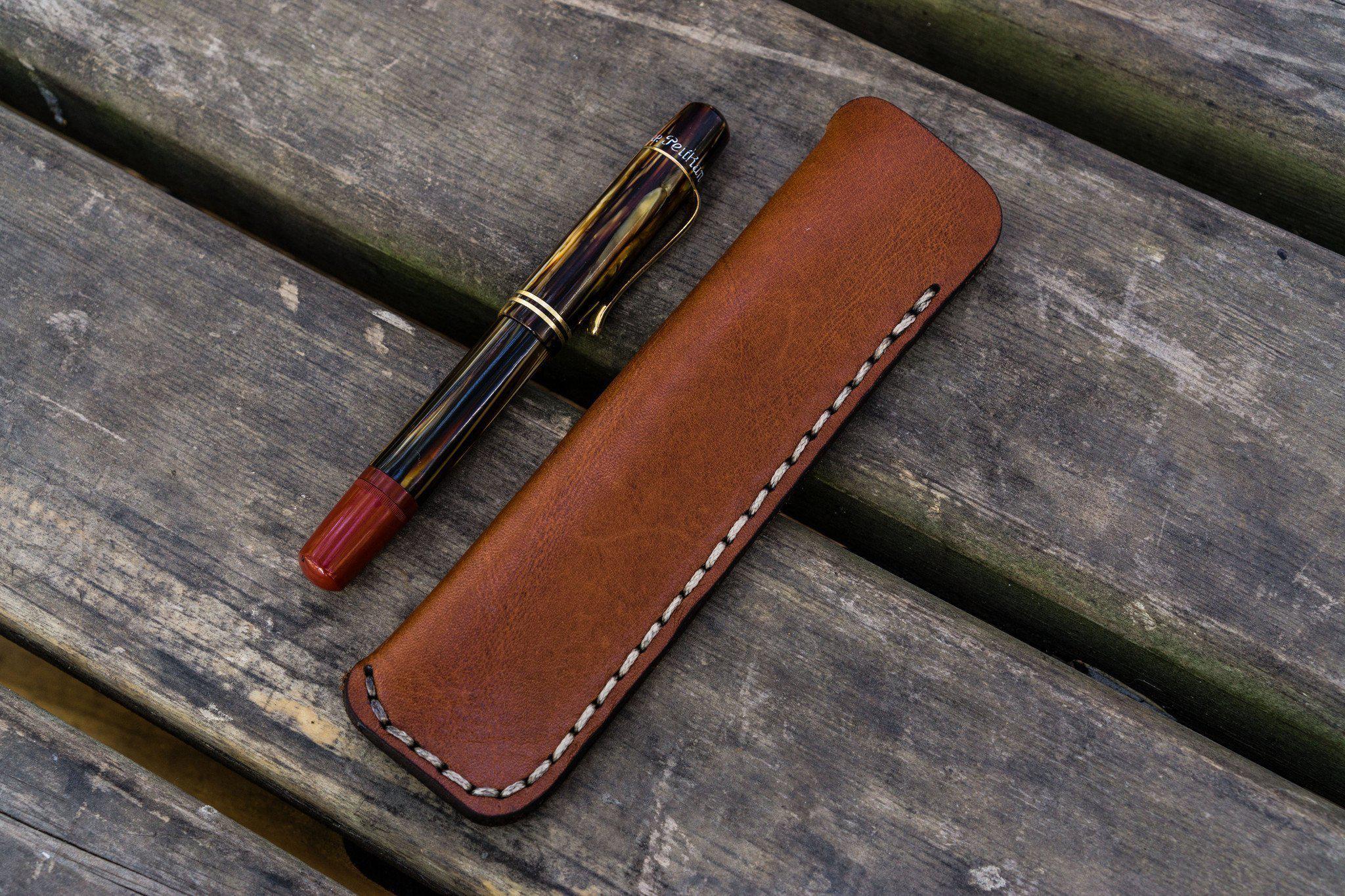 Leather Pen Case - Handmade Pen Protective Sleeve Cover (Black