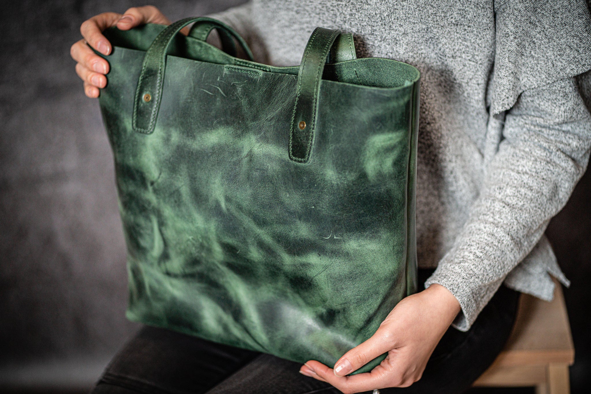 Leather Tote Shopper, Emerald Green, Tote Bag