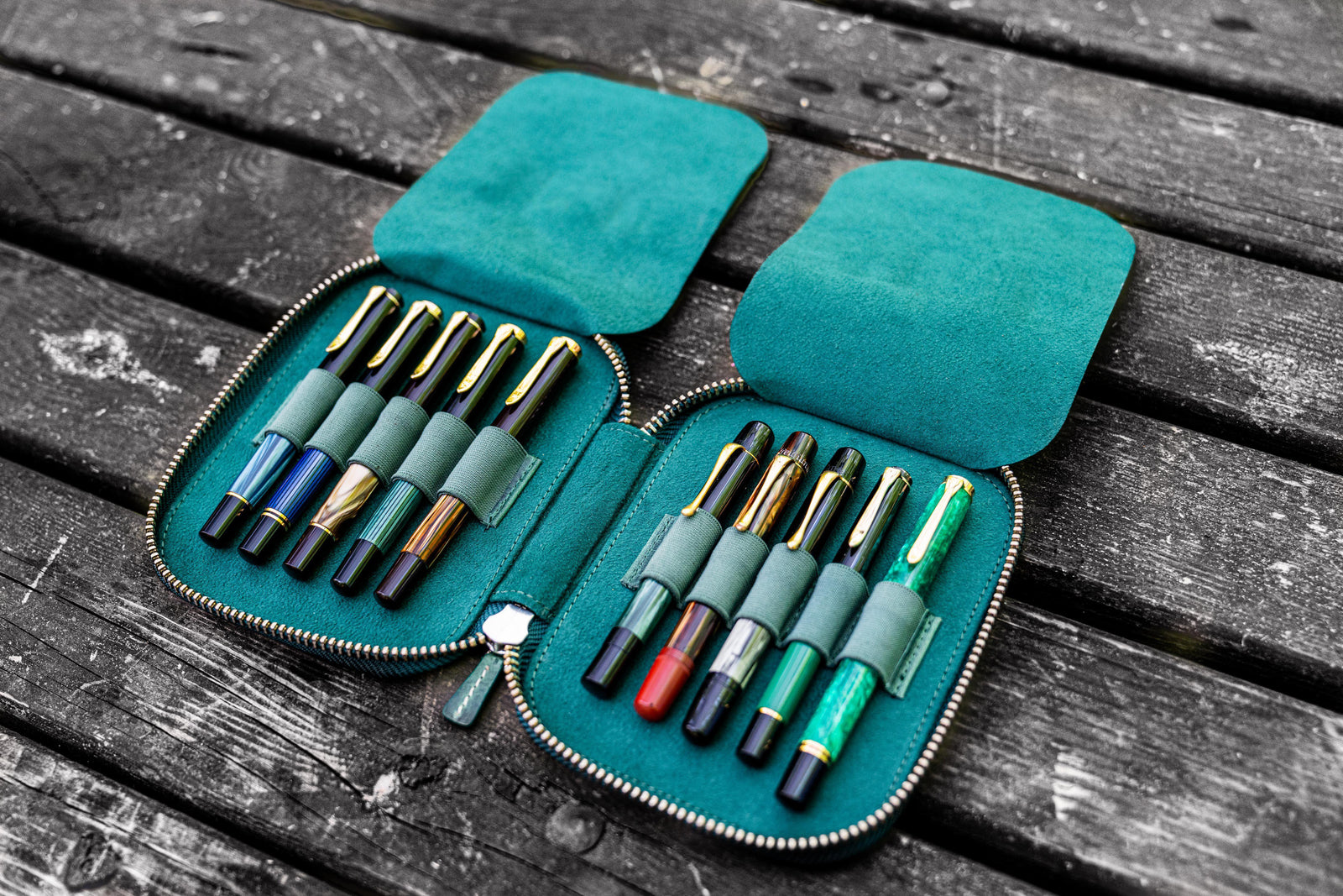 Leather Zippered Single Fountain Pen Pouch - Crazy Horse Forest Green