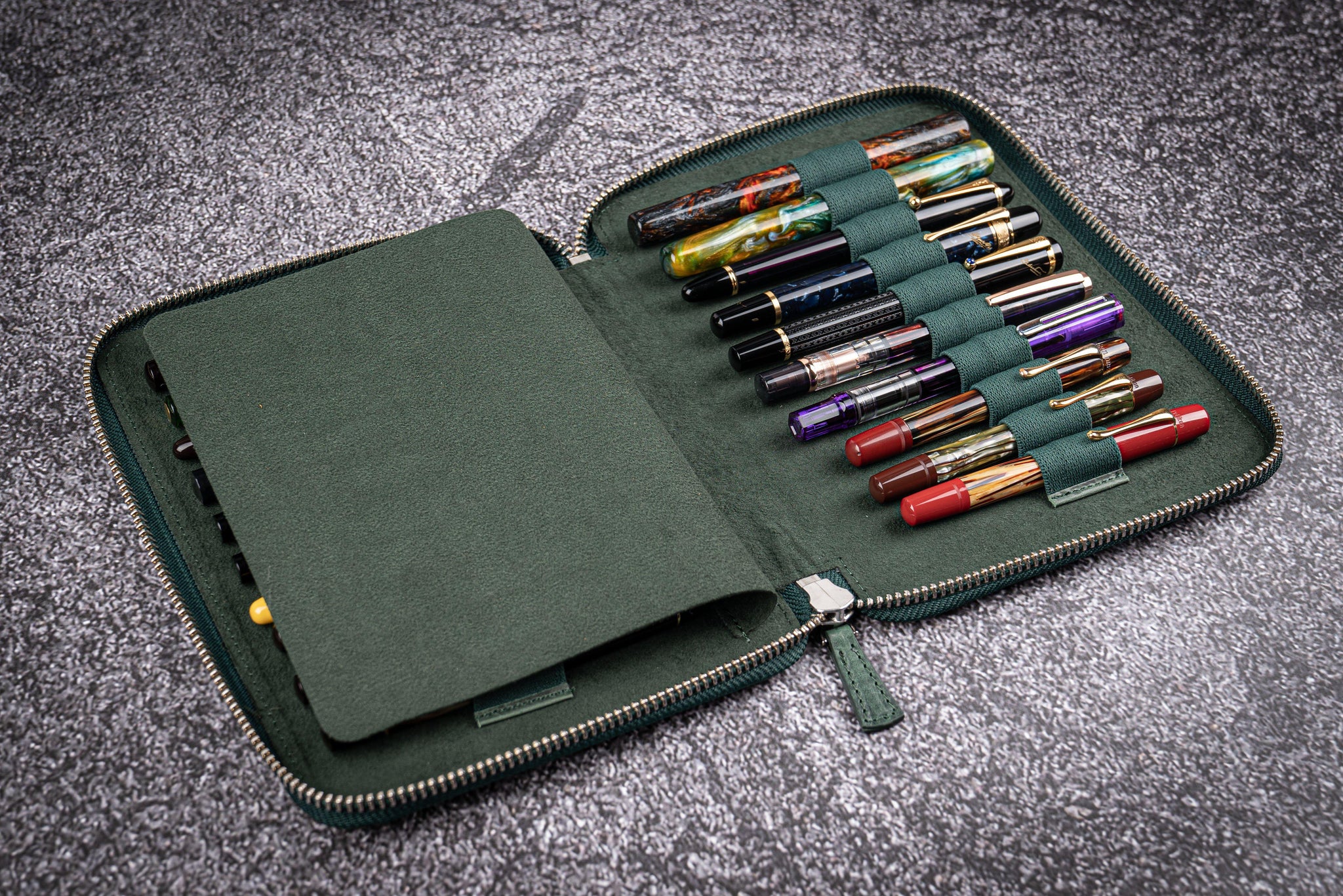 Luxurious Green Leather Pen Case 2 Slots Red Interior 