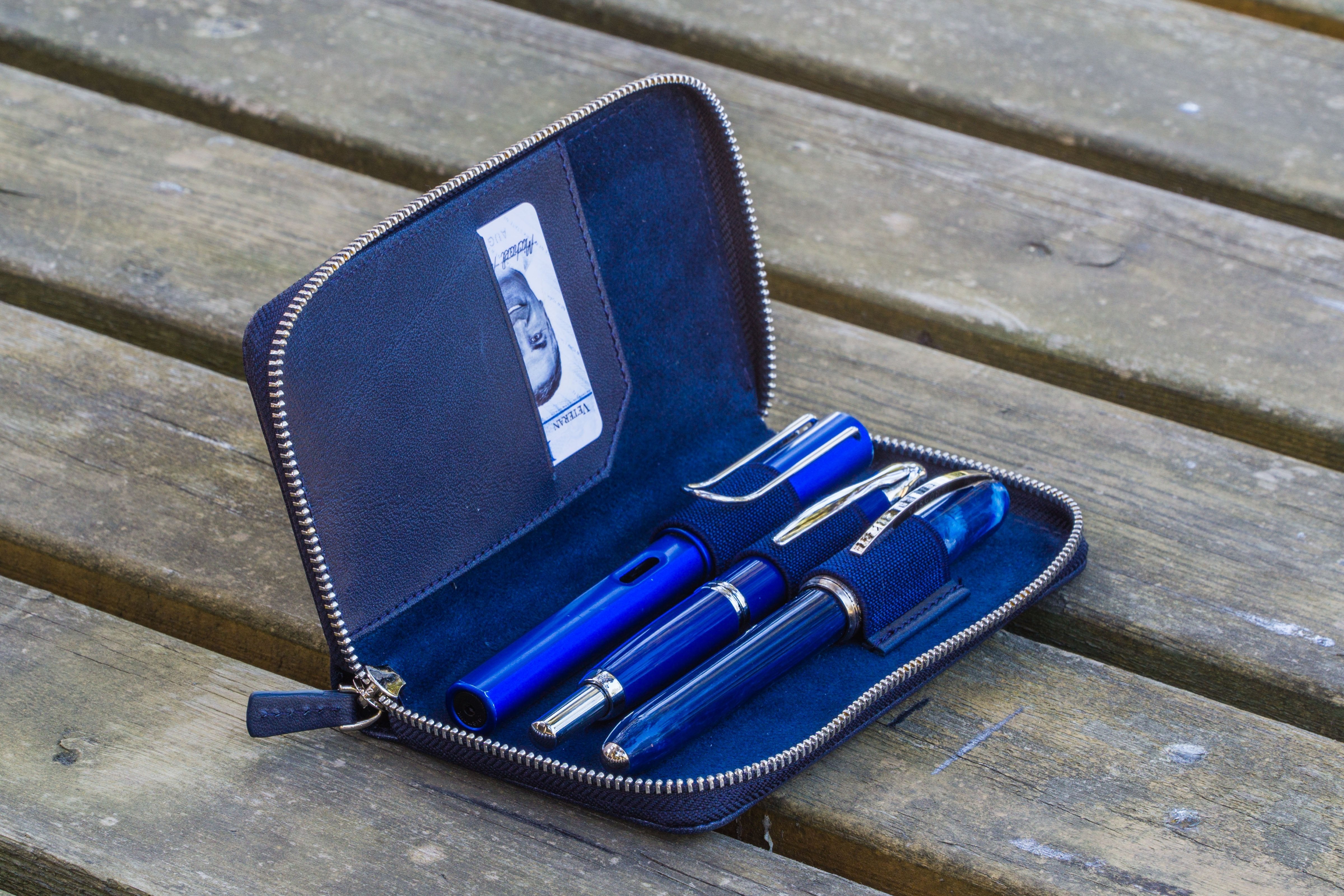 Navy Leather Hard Pen Case for 12 Fountain Pens - Galen Leather