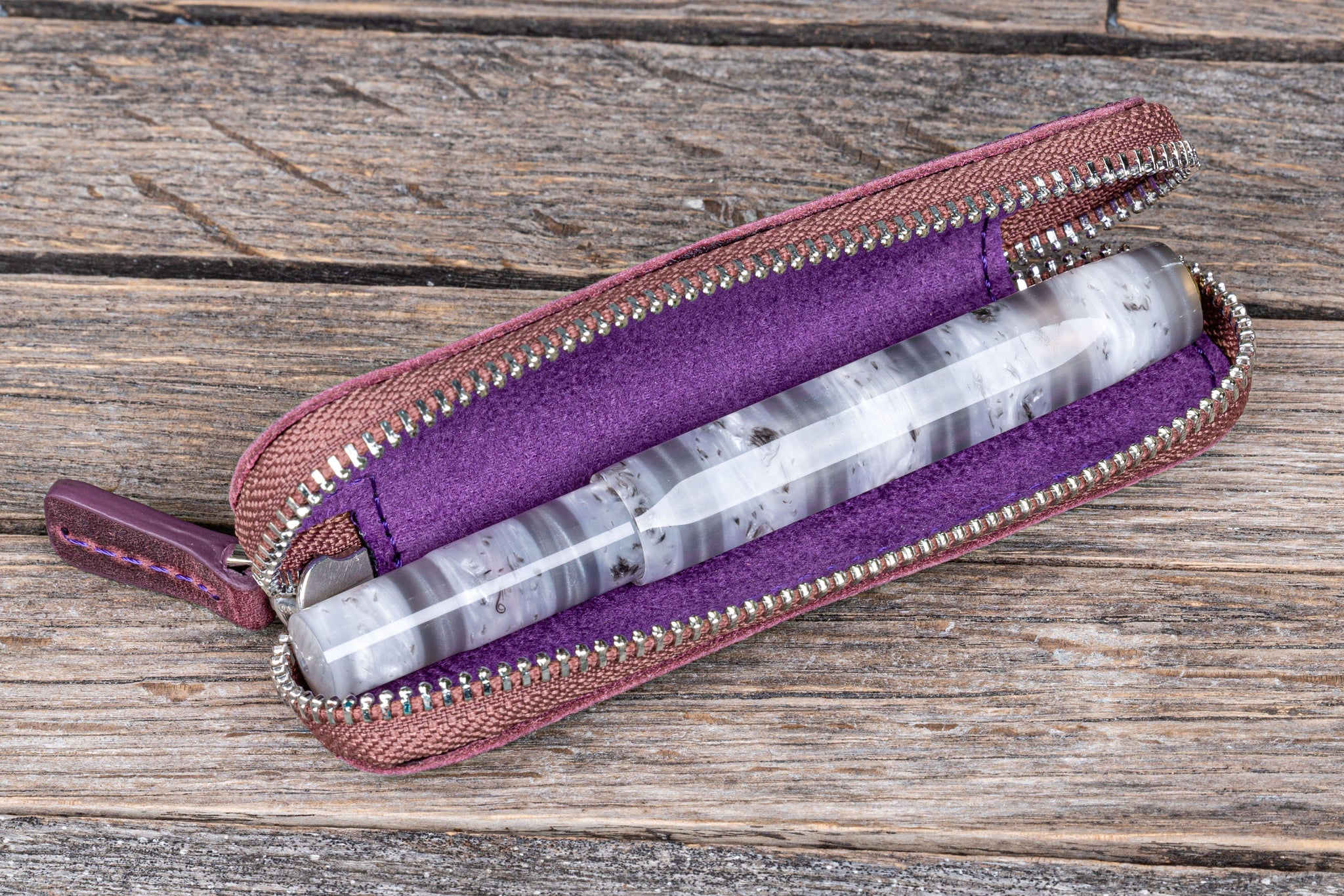 XLarge Zippered Leather Pencil Case - Purple - Galen Leather