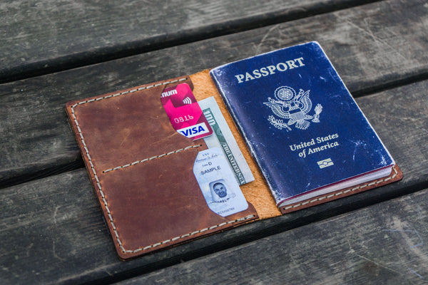 Tan Darker Scritto Laser Leather Passport Holder With Card Holder by Brune & Bareskin