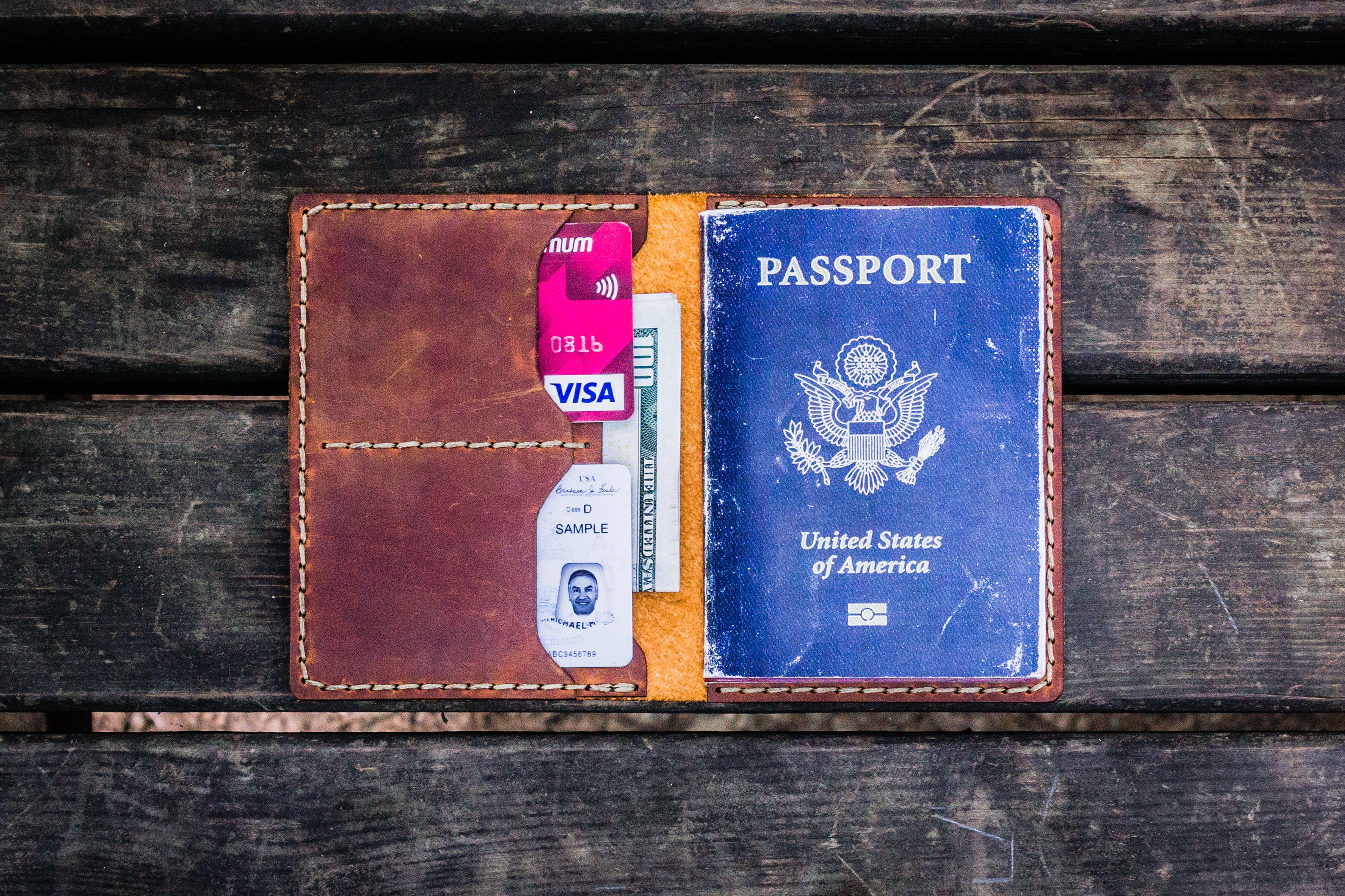 Tan Darker Scritto Laser Leather Passport Holder With Card Holder by Brune & Bareskin