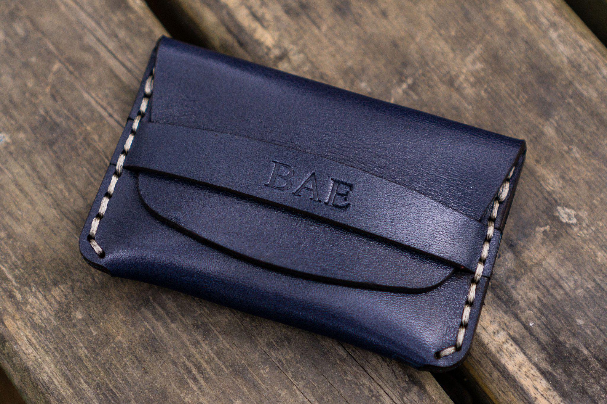 Personalized Leather Card Wallet. Personalized Leather Credit Card Navy / Silver Foil