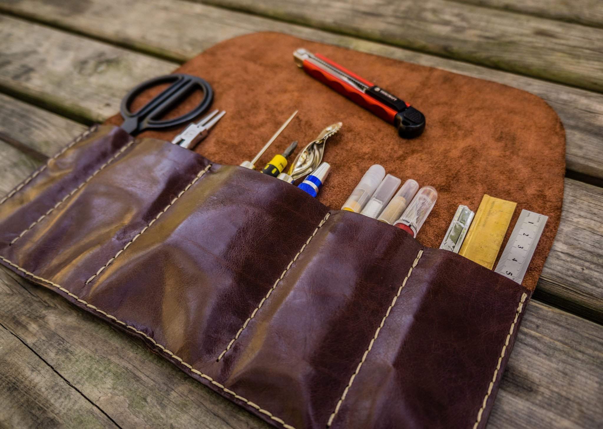 Rustic Genuine Leather Pencil Roll - Pen and Pencil Case - Dark Brown