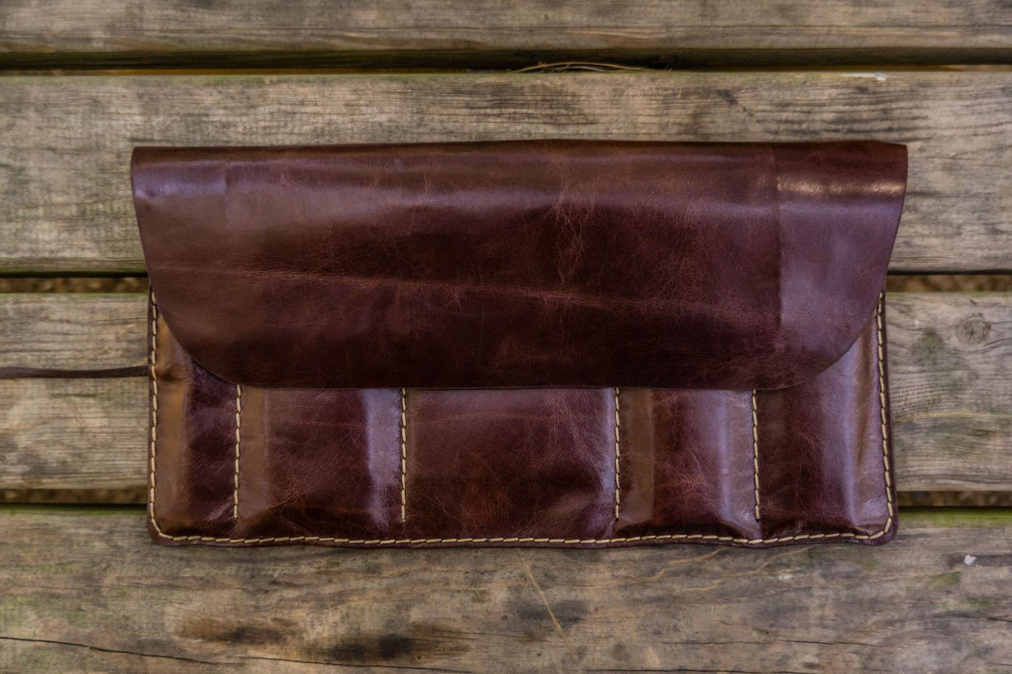 Leather Pen Roll - Rustic Dark Brown - Galen Leather
