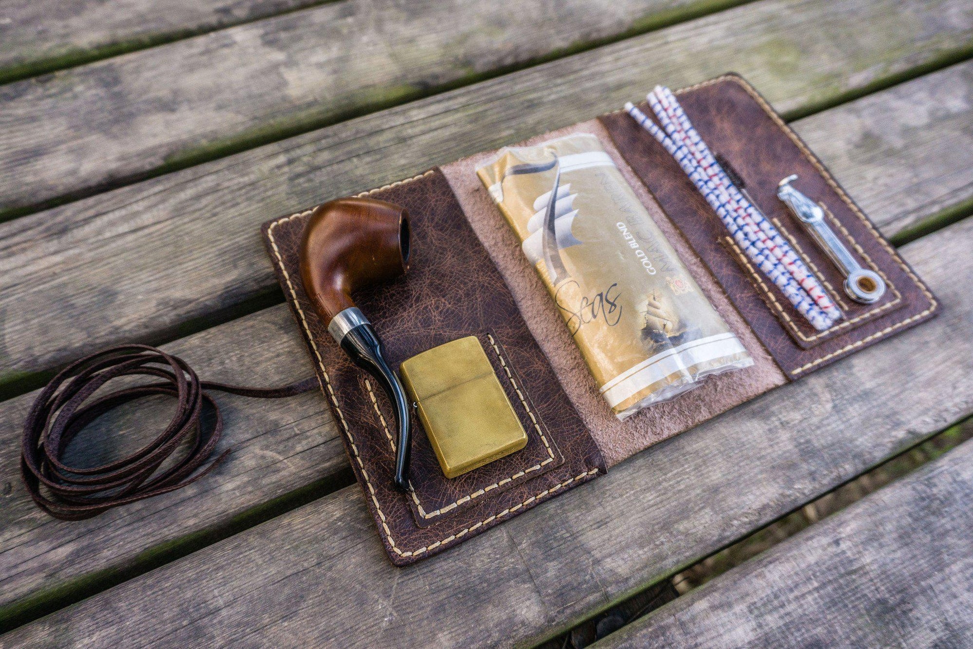 Personalized Leather Pipe Pouch -Rustic Dark Brown - Galen Leather