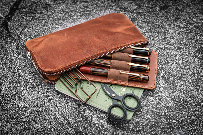 Slip-N-Zip 4 Slot Zippered Pen Pouch - Crazy Horse Tan | Galen Leather